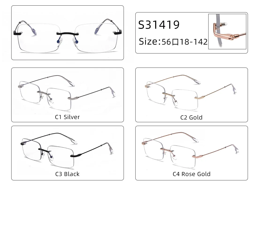 wholesale custom logo printer hot sale metal rimless optical frames eyeglasses