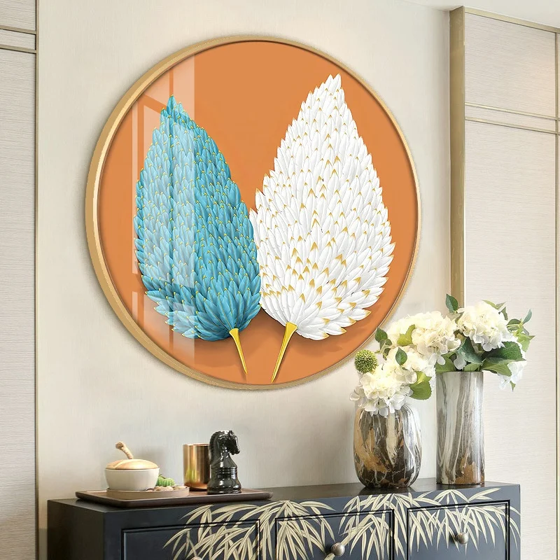 Porch decorative painting light luxury tempered glass wall painting 3D feather picture wall art round crystal porcelain painting