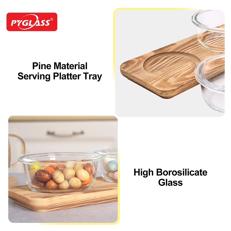 Three sets of mini round glass food storage containers with lids ,Glass food container with pine tray