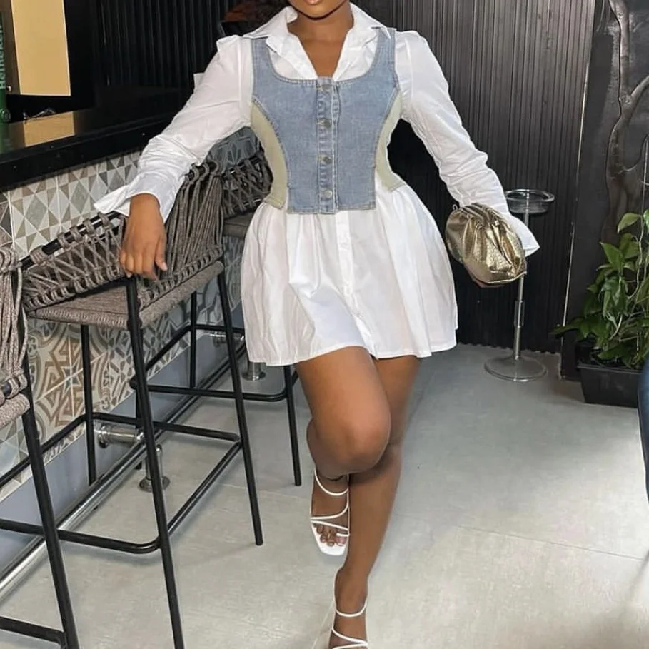 Fall winter fashion ladies elegant modest mini shirt dress with denim jean vest crop top two 2 piece set women casual dresses