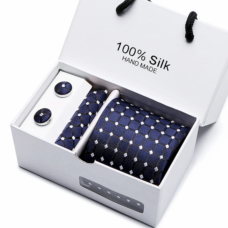 New Woven Classic Men Tie Necktie T Navy Blue Plaid  Silk Tie  Handkerchief Cufflinks Tie Set