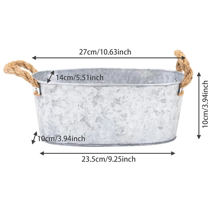 Galvanized Planter Vintage Metal Planter With Rope Handles and Drainage Hole Oval Shaped Metal Flower Pots