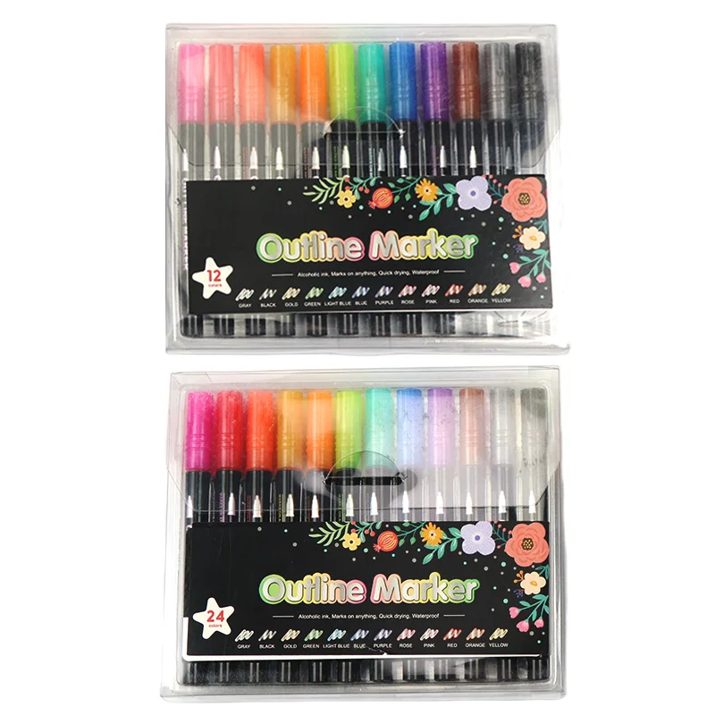 Vibrant Outline Marker Pack - 12/24/36/48 Assorted Colors, Durable Alcohol Ink, Quick Dry, Ideal for Journaling, and Art Project