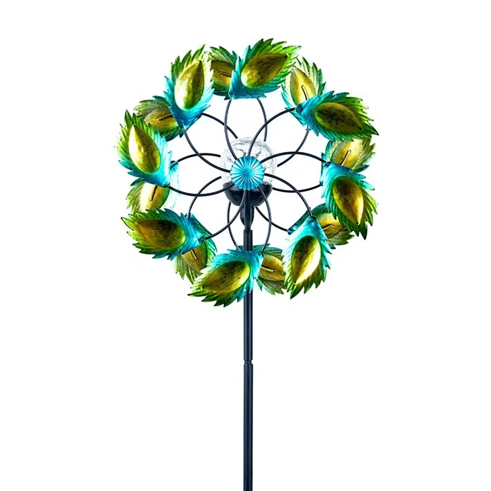 Hourpark Wholesale Green Metal Wind Spinners Peacock Feather Sculpture Ornaments Garden Wind Spinners