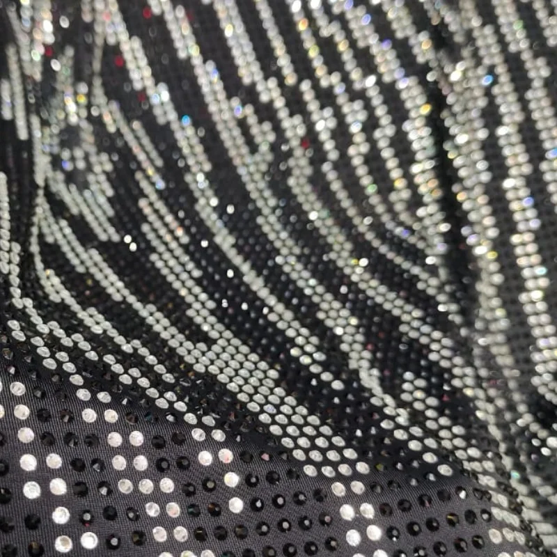 High Quality 2mm Space Rhinestones Shiny Black and White Crystals Glued to Spandex Fabric for Clothing