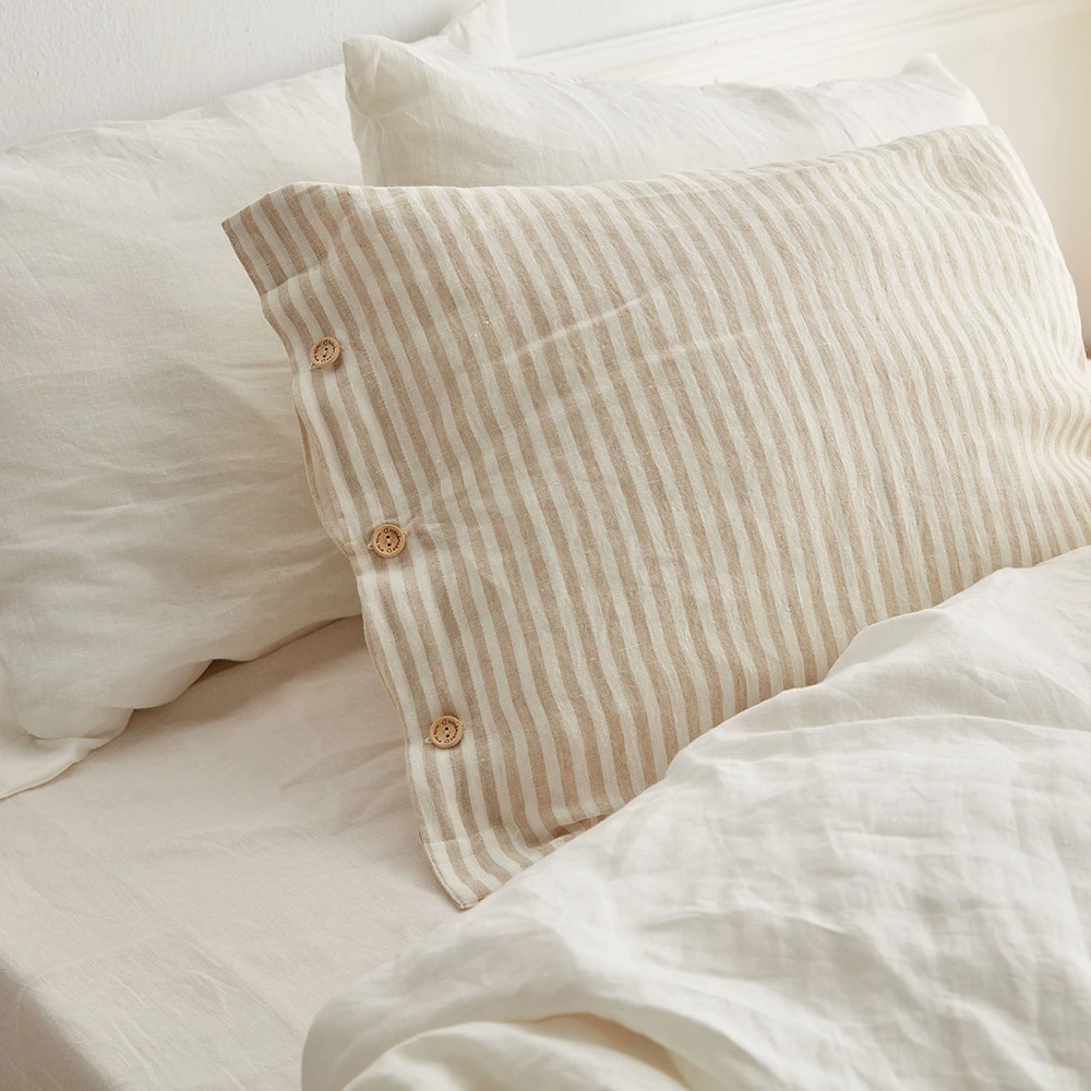 Modern French 100% Linen Cushion Cover scalloped edge striped linen vintage cushion Pillowcase customized Woven Fabric