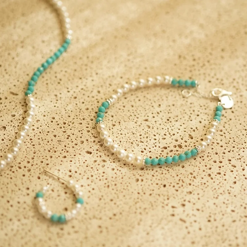 Milskye hawaiian jewelry 925 silver plated 18K gold turquoise pearl beaded bracelet