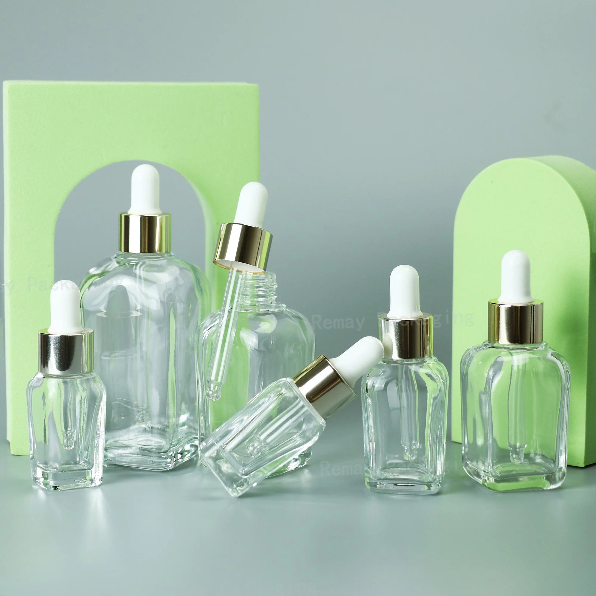 Customized clear square glass essential oil dropper bottle 30ml cosmetic pipette serum bottles with gold dropper cap in stock