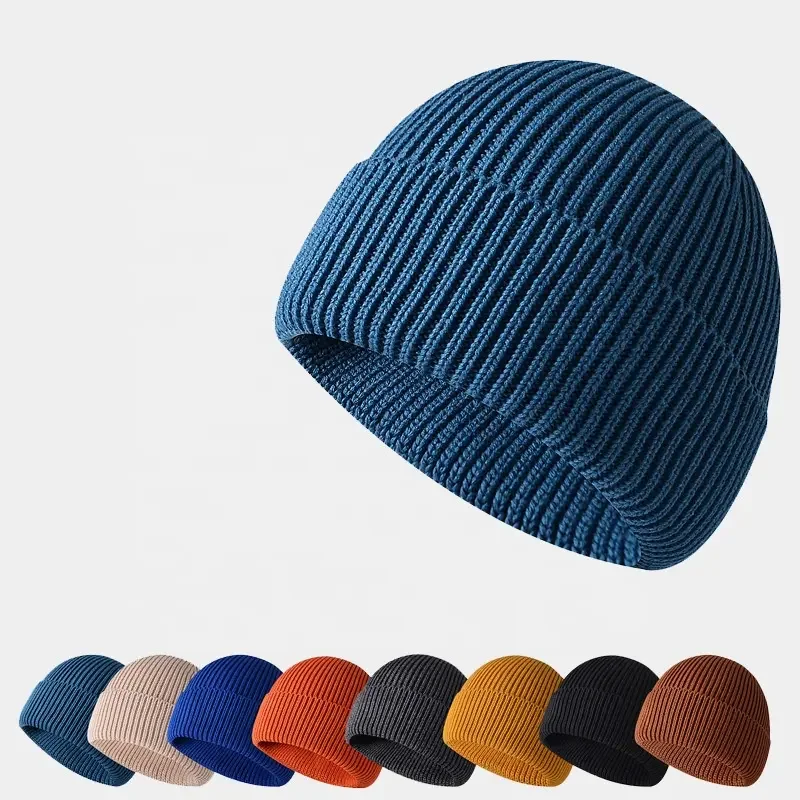 High Quality Winter Plain Dyed Custom Beanie Hat 100% Cotton Warm Knitted Beanies Custom Logo beanie knit hat