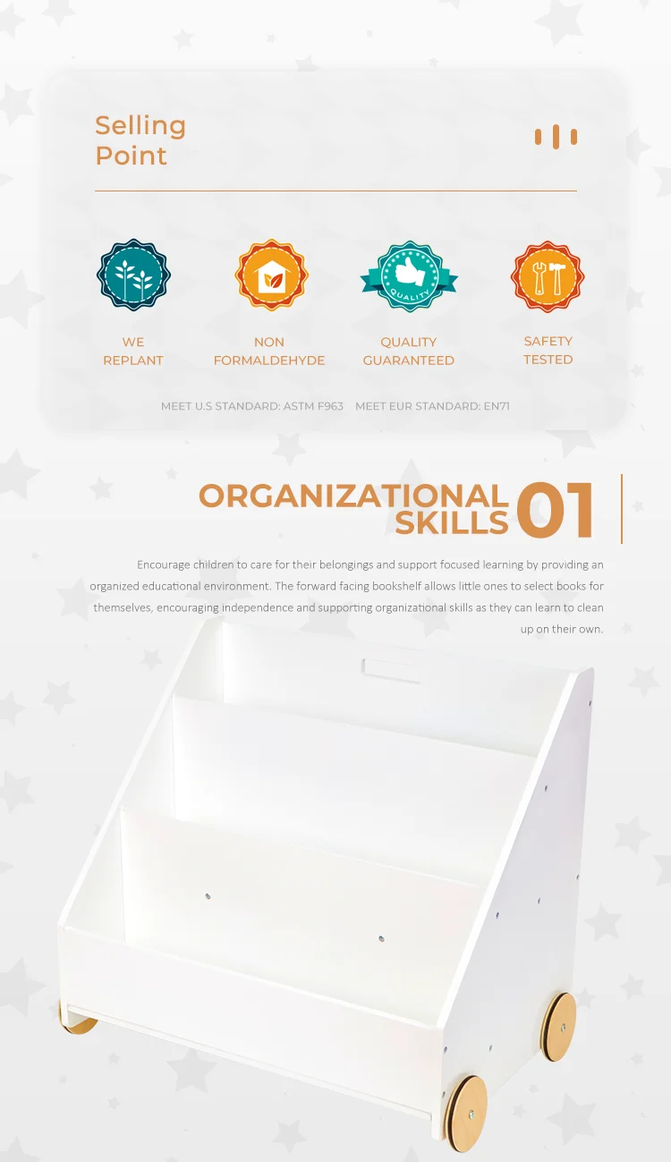 Kids furniture Custom wooden bookcase with wheels Library kindergarten school mobile magazine bookcase