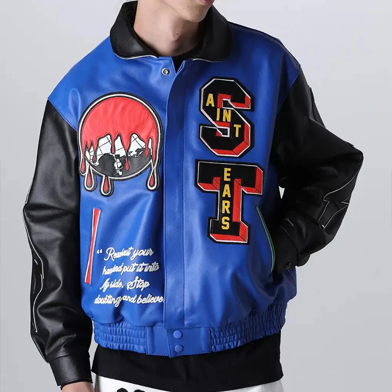 YUJIA Custom PU Leather Patchwork Embroidered Loose Varsity Jacket for Men