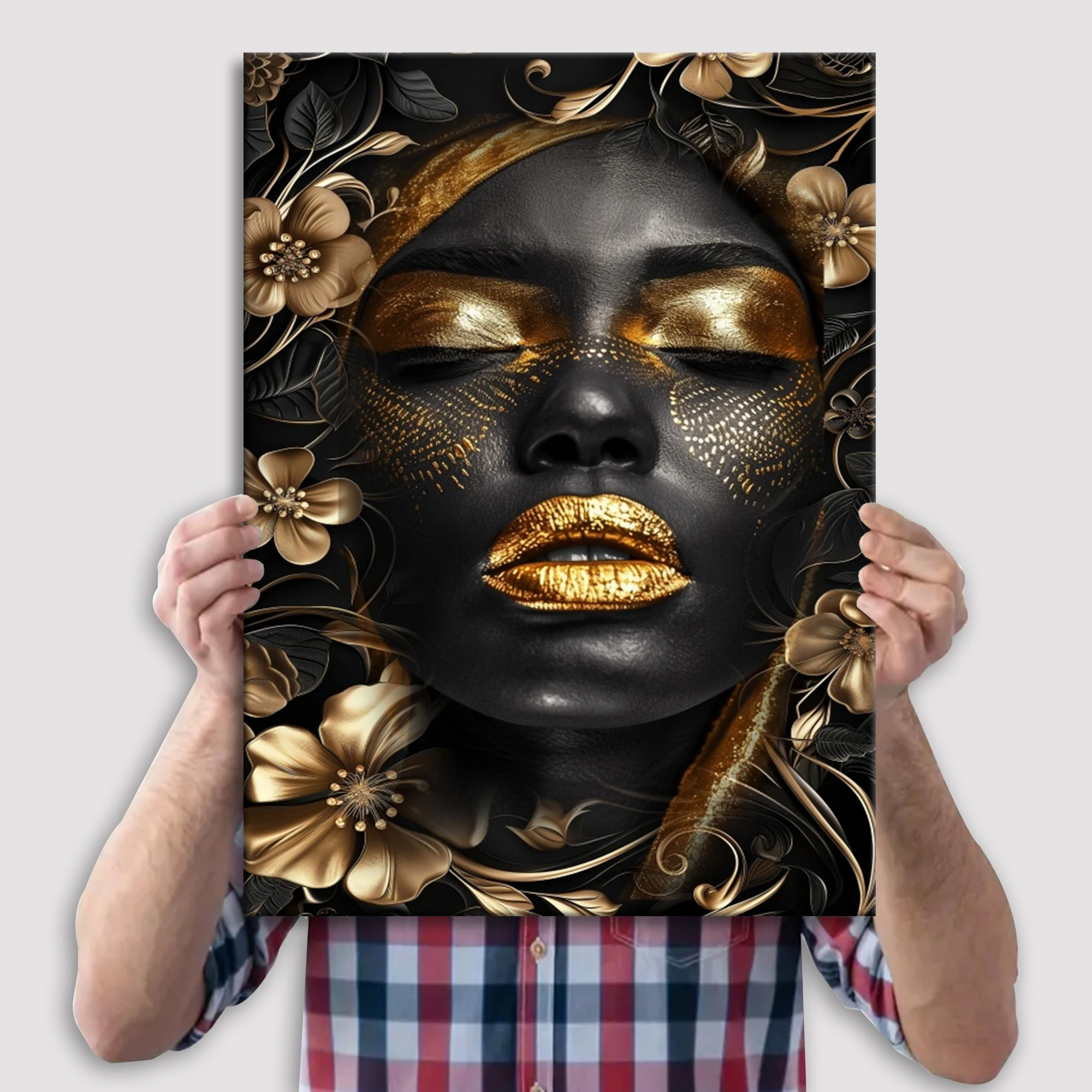 Modern African Women Gold Wall Art Canvas Print Black Gold Figure Portrait Poster Stylish Home Decor for Living Room