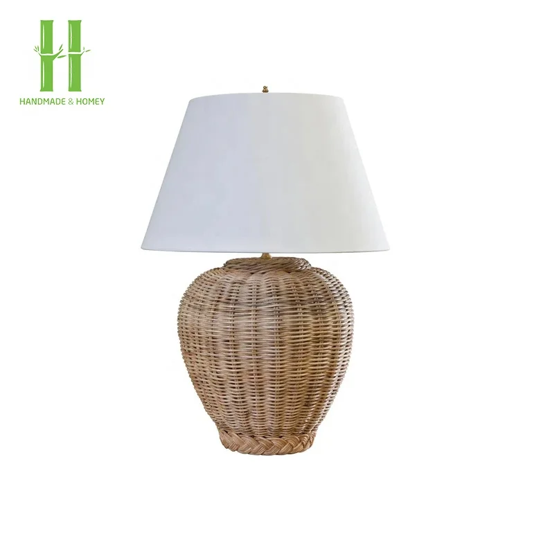 High Quality Handwoven Rattan Table Lamps with White Shades Bedroom Hotel Decoration OEM Acceptable Wicker Lighting Lampshade