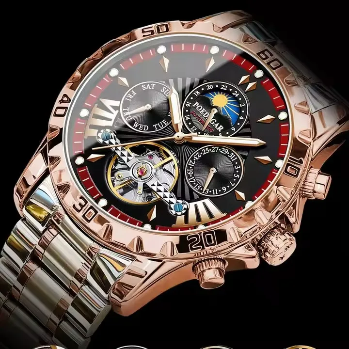 POEDAGAR 1410 Tourbillon Mechanical  Moon Phase Date Display Clock  Reloj Luxury Automatic Movement Hollow Out Watches For Men