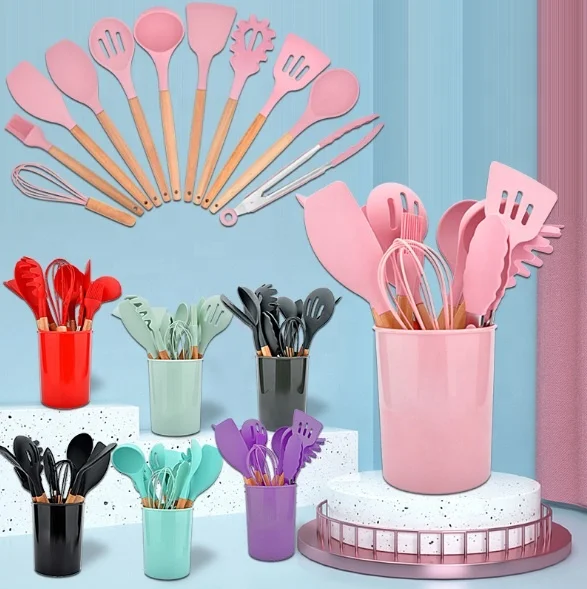 12pcs Silicone Kitchen Practical Cooking Tools Spatula Shovel Spoon With Wooden Handle Kitchenware Cooking Utensils Set