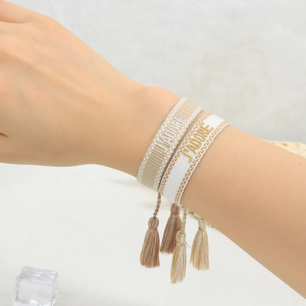 Ethnic embroidered designer letters tassel twisted rope crochet braided cord bracelet and charms