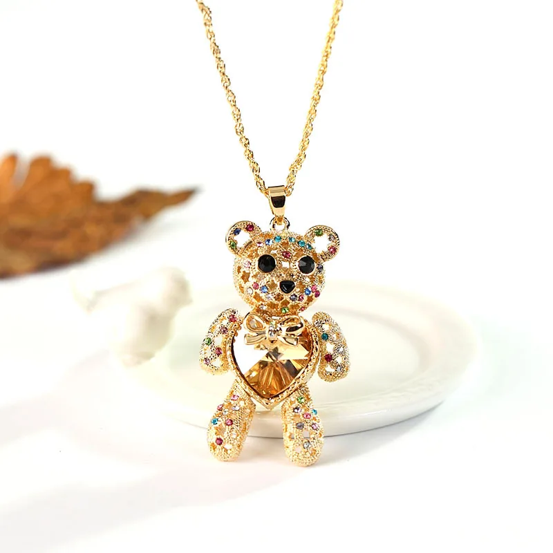 Lovers Jewelry Plated Dainty Long Sweater Chain Necklace Women Crystal Love Heart Teddy Bear Pendant Necklace for Her Gold Pearl