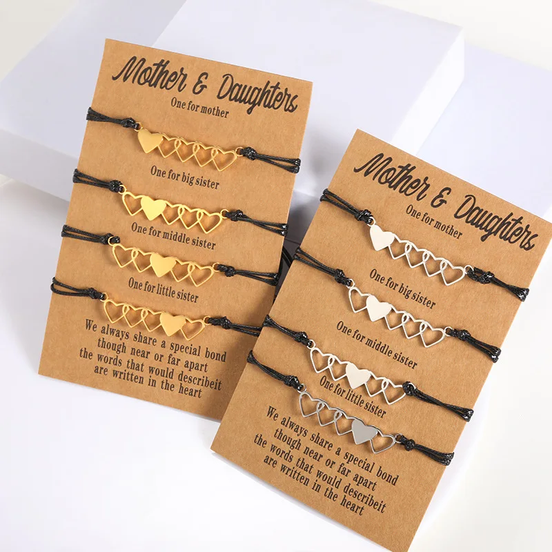 4Pcs/Set Four Hearts Star Moon Sun Woven Wax Rope Stainless Steel Mother Daughter Bracelets Wish Card Friendship Best Friends