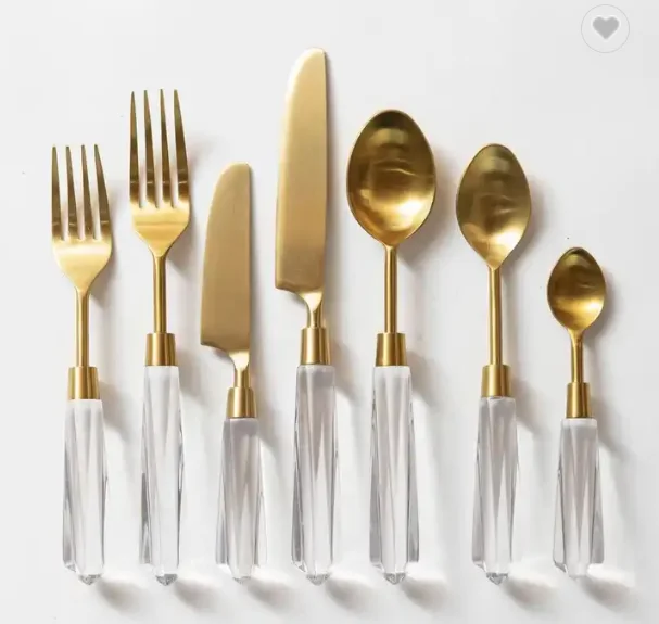 Best Selling gold color wedding flatware silverware set stainless cutlery set crystal handle for party event and celebration