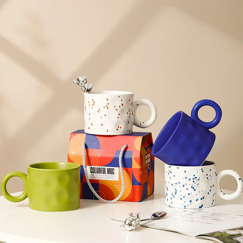 New Design Ceramic Gift Mug Stoneware Breakfast Cup  Ring Shape Handle Matte Colors Coffee Mugs With Gift Packing