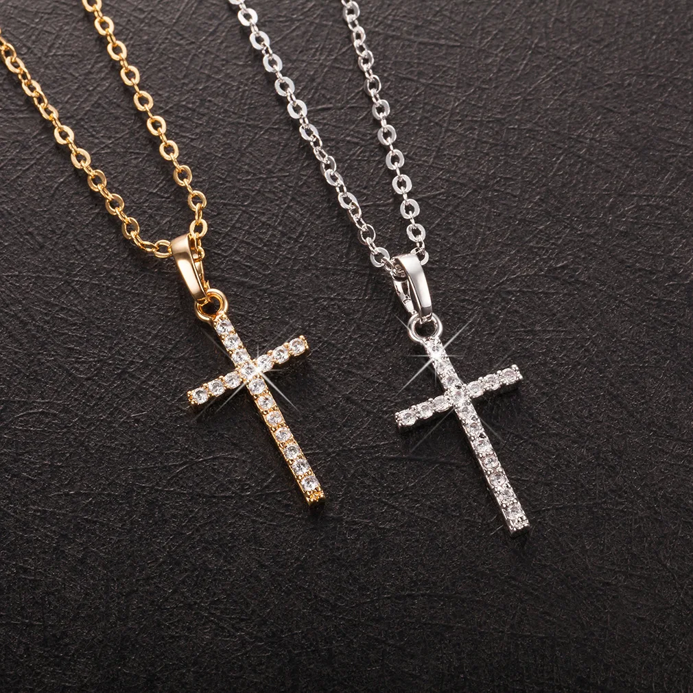 Fashion Crystal Jesus Cross Necklace Golden Silver Color Female Pendant Necklace Gift For Men Women Neck Jewelry