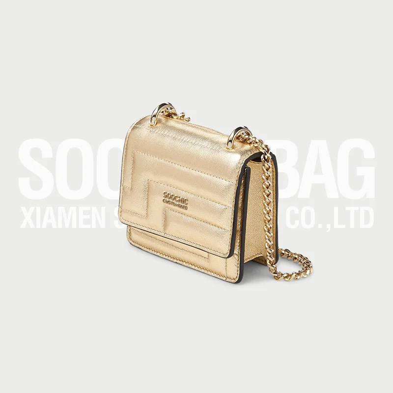 OEM Add Metal Logo Customized Leather Shiny Gold Mini Flap Shoulder Bag with Chain for Women & Lady