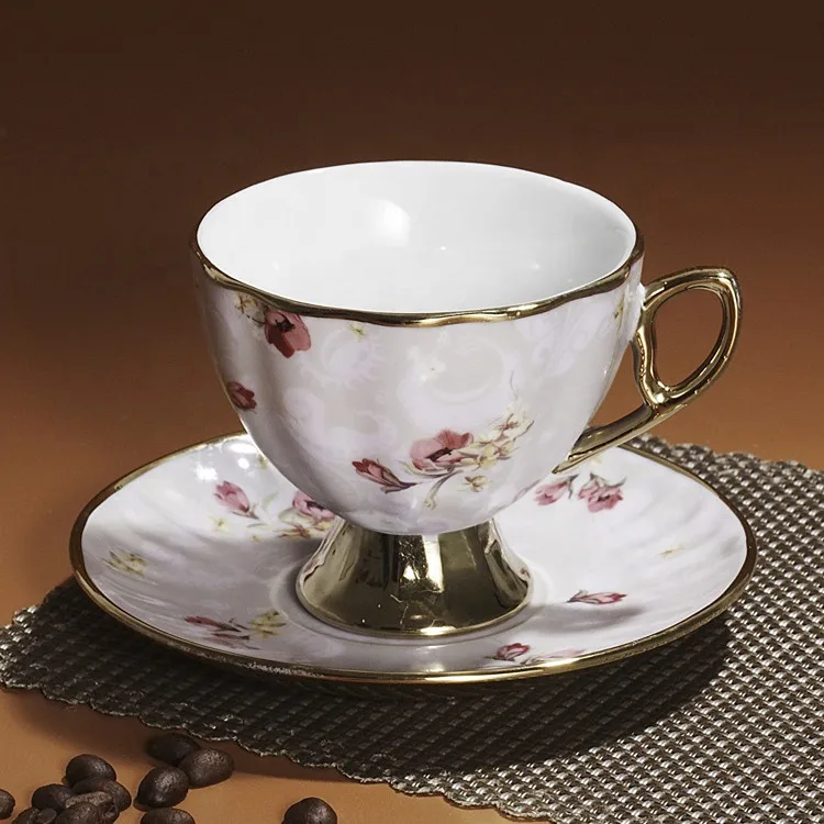 Chaozhou supply wholesale cheap royal gold rim design porcelain latte cup set floral coffee cups and saucers classic style