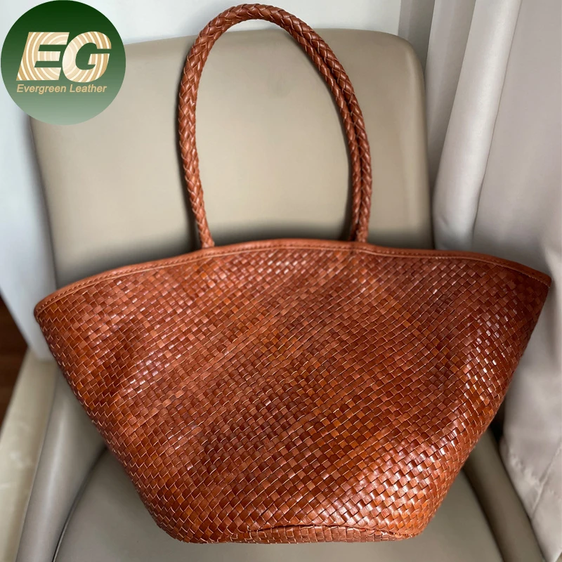 Emg7051 Wholesale Crochet Design Made Beach Summer Luxury Straw Hand Bags Custom Handmade Basket Ladies Leather Woven Tote Bag
