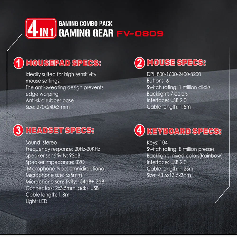 FV-Q809 Professional wired Gaming Keyboard and mouse headset four - piece RGB Backlit running horse lamp effect