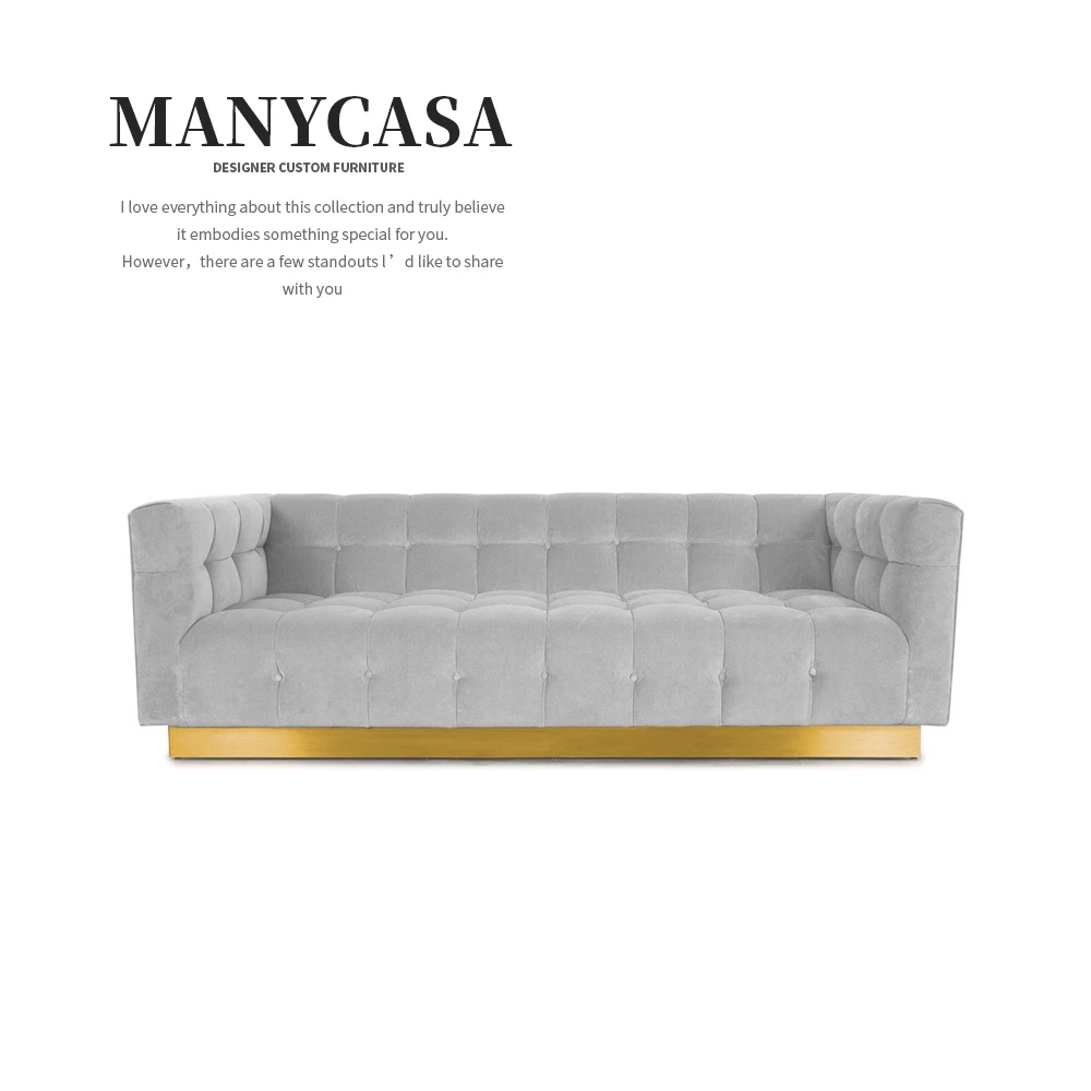 Light Luxury Pink Velvet Fabric Lounge Tufted Sofa Gold Stainless Steel Base Settee Couch For Hotel/Home Furniture