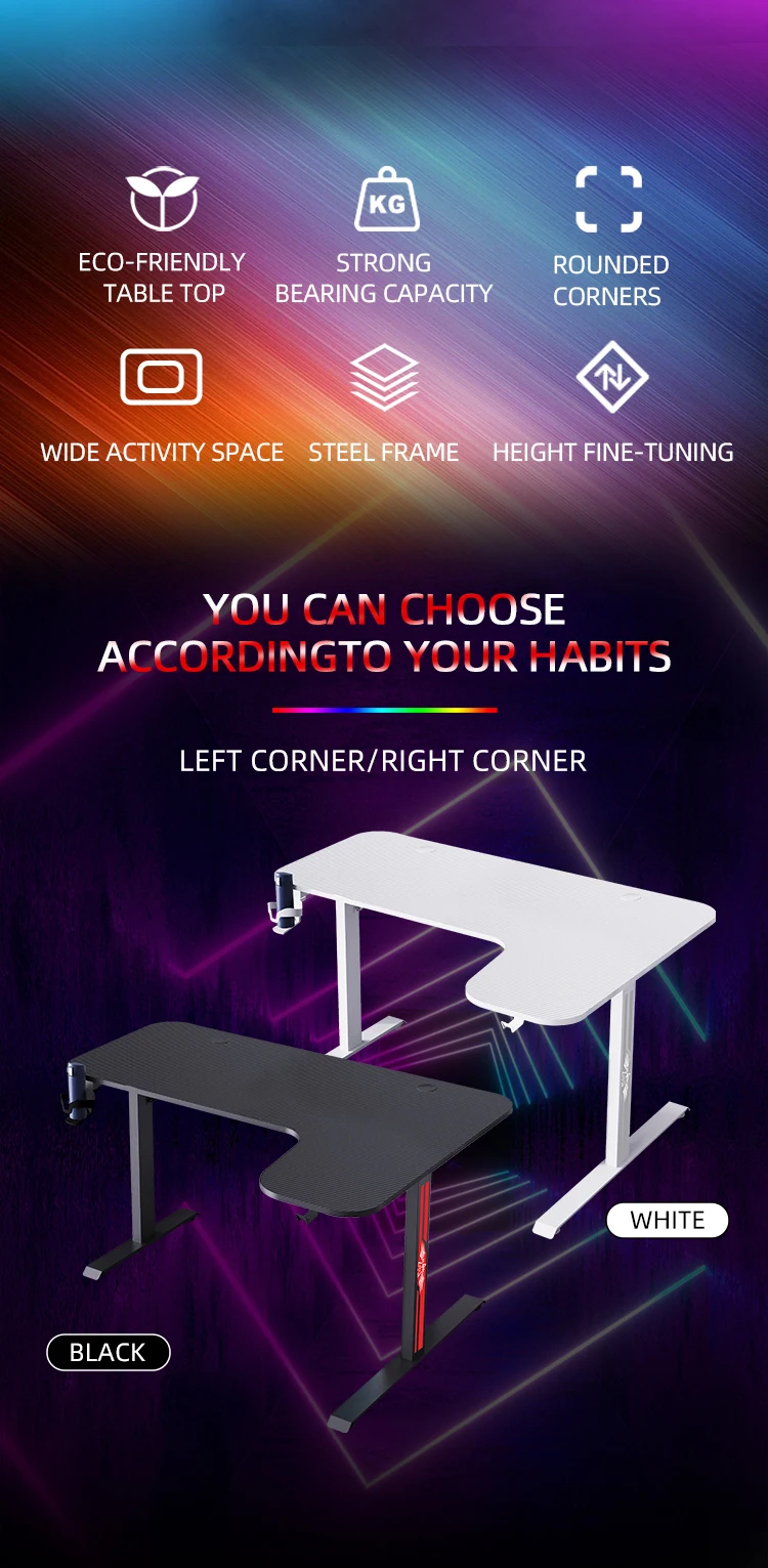 L shaped modern large carbon fibre gaming desk for pc custom big pc fashion white rgb mesa gaming desk manufacturer