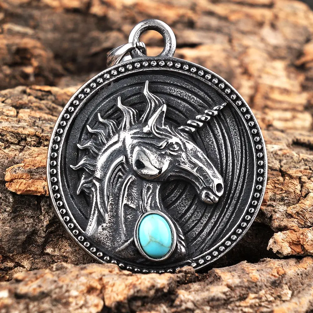 On Sale Stainless Steel Punk pendant Necklace Jewelry Circle Animal Horse Turquoise Pendant Necklaces for Men Women