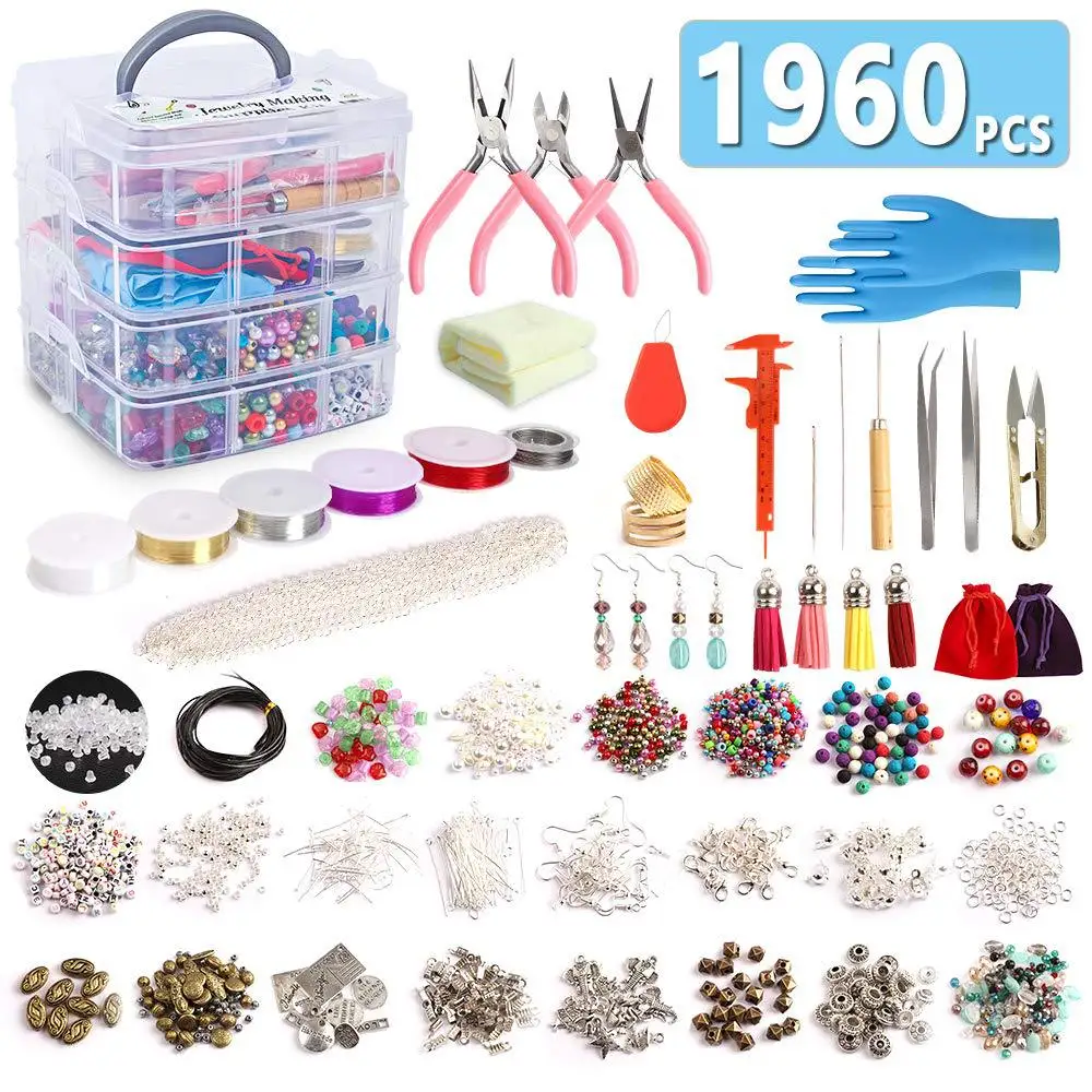 1960 Pieces Jewelry Making Kit with InstructionsBeads Charms Findings Jewelry Pliers Beading Wire for Necklace Bracelet Earrings