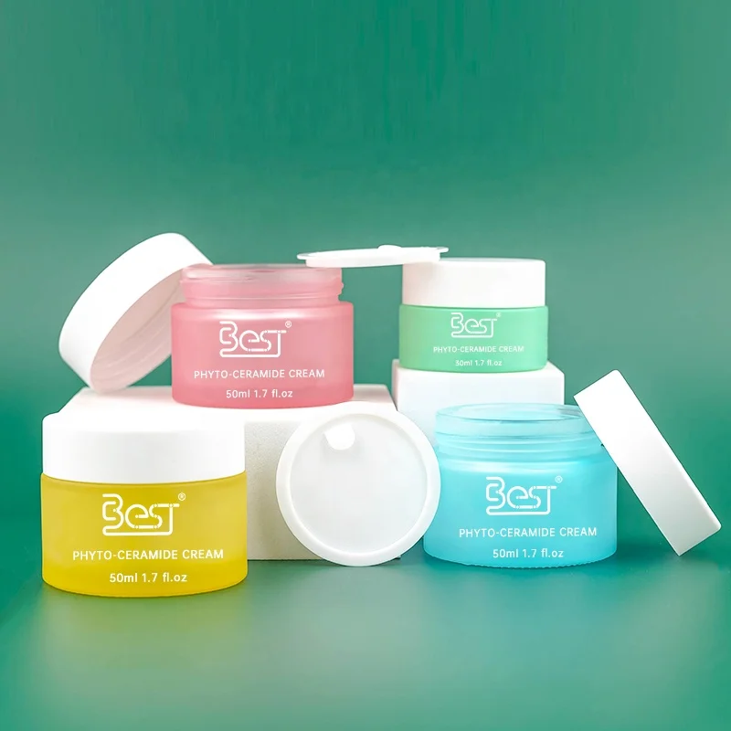 Cosmetic Cream Container Jar Round Eye Face Care Glass 50ml 30ml Green Blue Yellow Pink with White Lid Cosmetic Packaging CN;SHG