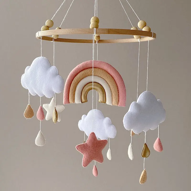 Нейтральная мягкая игрушка в стиле бохо для спальни с милыми сенсорными музыкальными мягкими игрушками розовая девочка фетровые облака капли дождя радужные Мобили детской кроватки