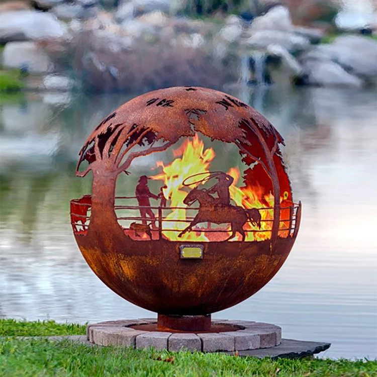 Rusty Metal Sphere Corten Steel Fire bowl heavy duty Metal steel fire pit