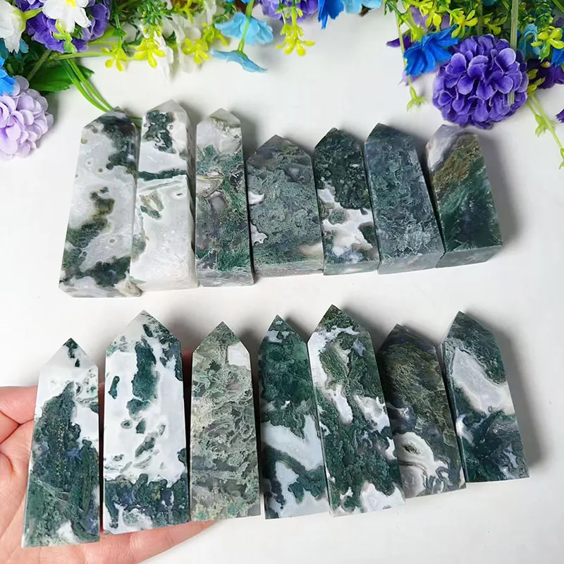 Wholesale Healing Crystals Point Natural Moss Agate Crystal Healing Stone Four Sides Tower Wand For Home Decoration
