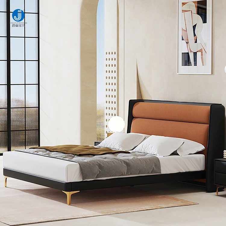 China Style Bedroom Furniture Double Bed Latest Bed Sat King Size Browne Color Flannel Wood Bed