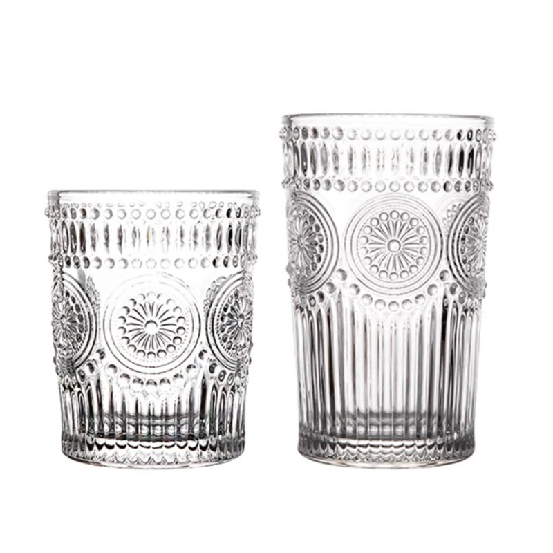 Wholesale European Vintage Embossed Drinking Glasses Sunflower Water Tea Mug Wine Beer Glass Cup for Bar Hotel Restaurant