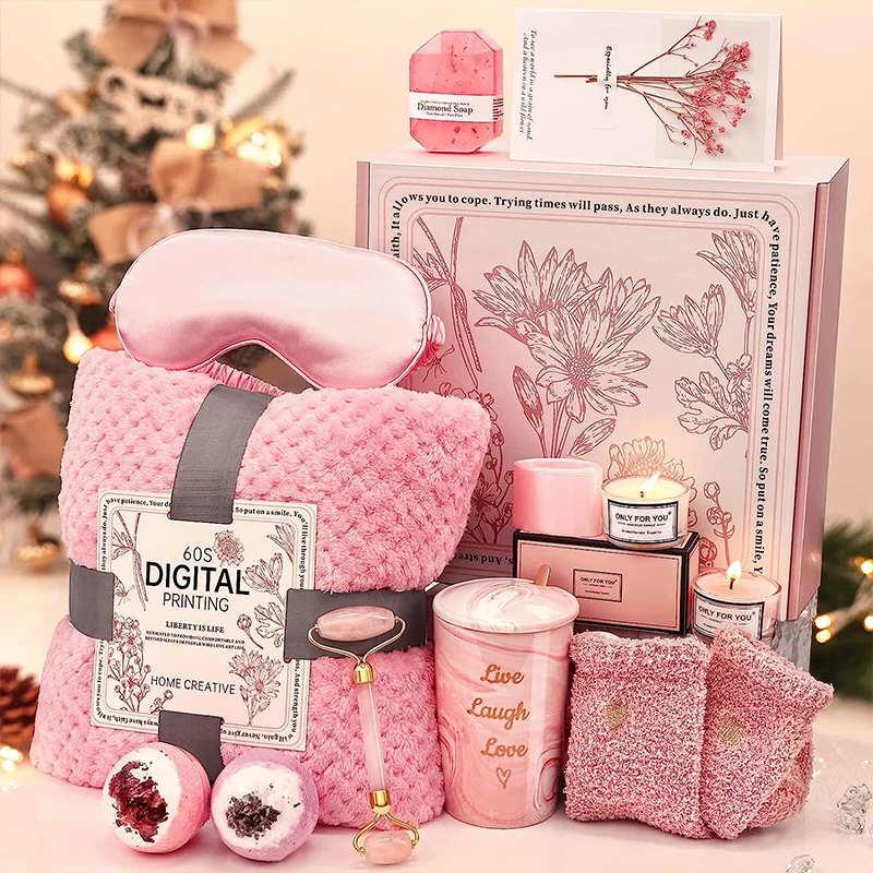 12Pcs Women Care Package Mug Gift Set Cozy Blanket Face Roller Bath Bomb Spa Gift Baskets Valentine Birthday Day Gifts For Mom