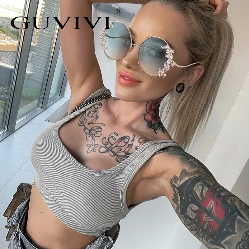 GUVIVI Hot sale 2021 new big frame glasses round diamond woman glasses retro personality crystal custom wholesale sunglasses