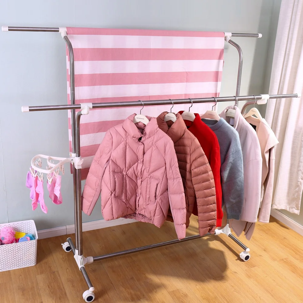 BAOYOUNI Movable Multi Functional Hanging Upright Clothes Telescopic Balcony Laundry Cloth Drying Stand Stainless Steel Rack