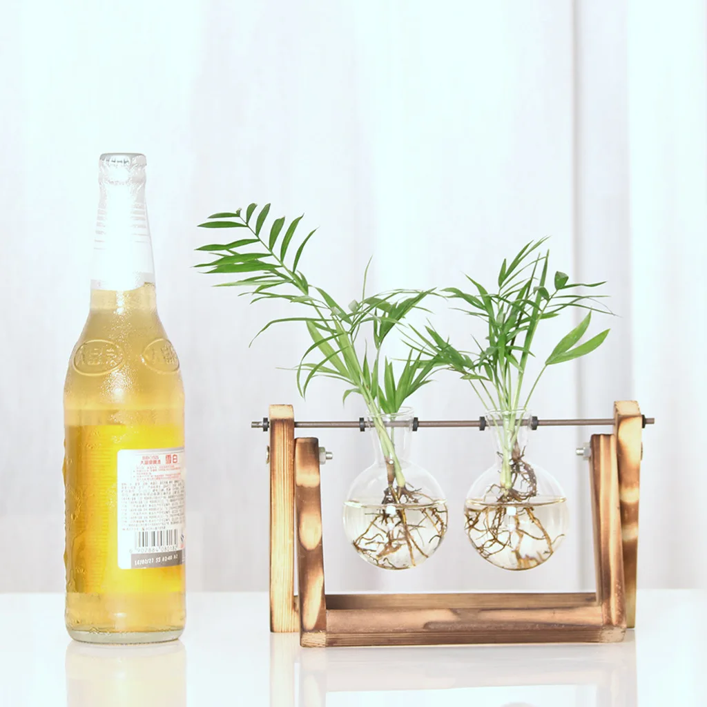 glass bulb vase with wooden stand wood base hydroponic vase