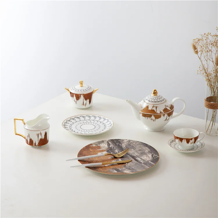 Hot sale luxury gold decal hotel restaurant wedding tableware bone china tea cup saucer coffee mugs set