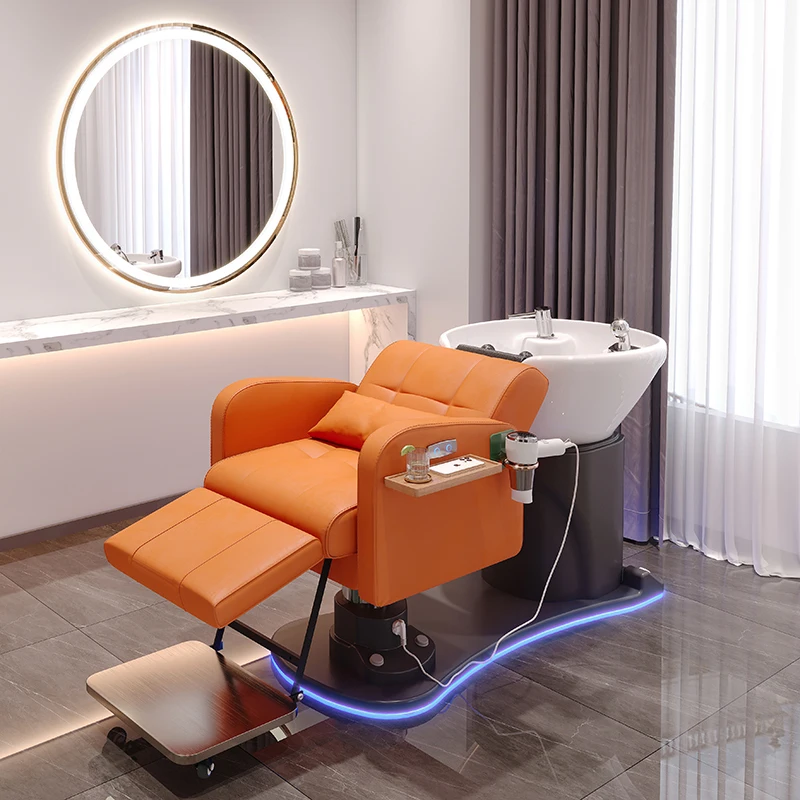 Modern Luxury Orange Leather Barber Shop Salon Furniture Washing Bed Electric Shampoo Chair for