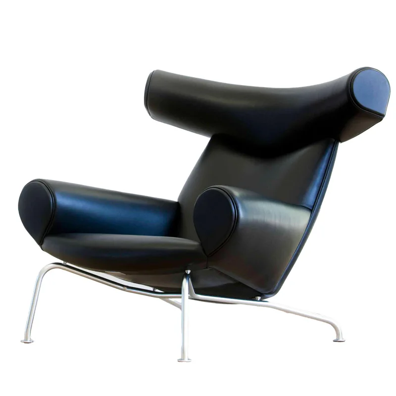 Nordic Designer Luxury Living Room Furniture Leather OX Chair Single Lazy Leisure Sofa Chair with Footstool for Boss Office