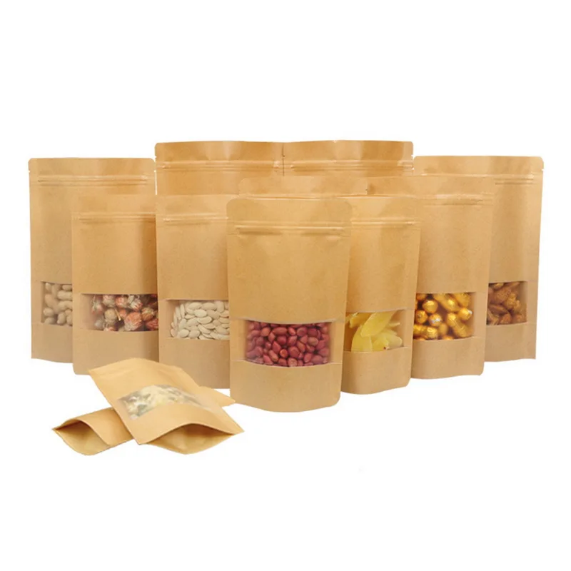 50 Pcs Kraft Food Bag Reusable Zip Lock Sealing Bags Storage With Notch Matte Transparent Window