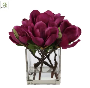 High Quality Customized Artificial Magnolia Flower Floral Arrangement With Square Vase and Water For Home Hotel Decoration