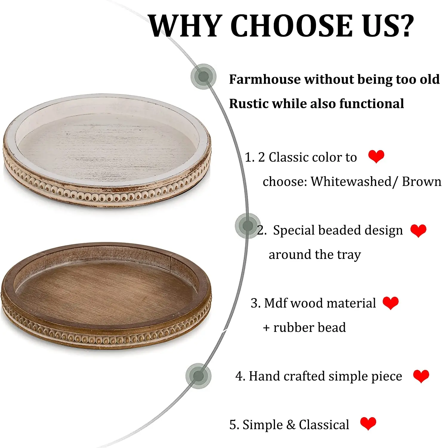 Wooden tray Round: White wash bead tray suitable for coffee table centerpiece decoration living room bathroom storage rack