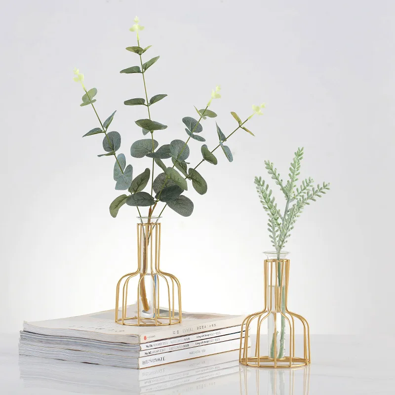 Modern Minimalist Metal Iron Art Line Geometric Decorative Gold Silhouette Clear Glass Small Test Tube Flower Bud Vase